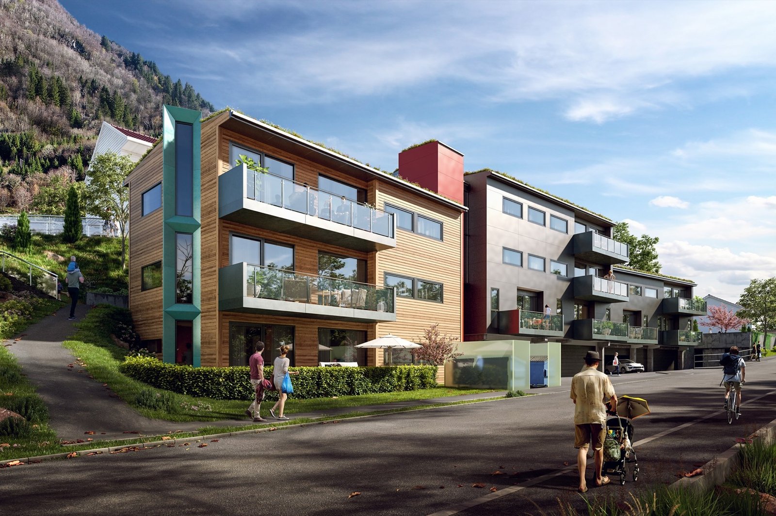 Illustrasjon av Vollaparken sett fra Vollavegen, med fasader i tre og balkonger i glass
