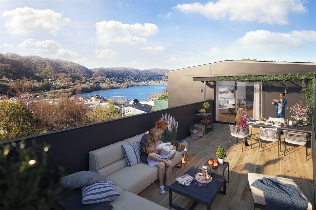 Illustrasjon av takterrasse med utsikt over Arna